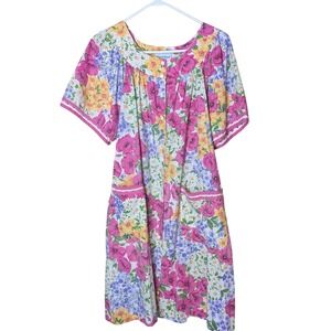 Vintage Women's Floral House‎ Dress Sz M Button Front Pockets Lounge Cottage